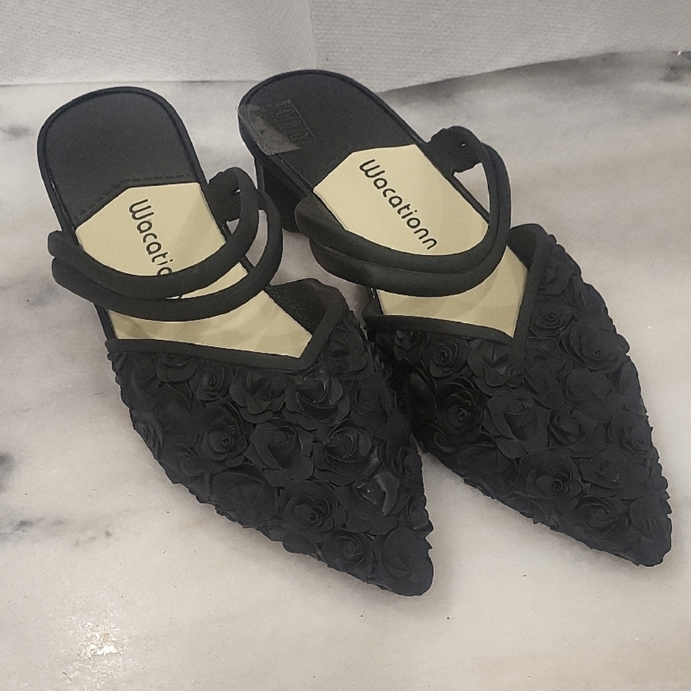 Black Textured Pointed-Toe Mules